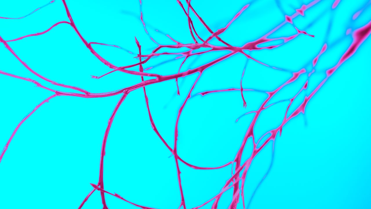 Abstract pink branches on a bright turquoise background creating a vivid design.
